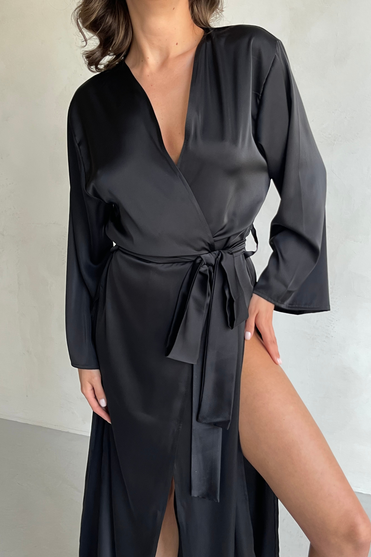 Sara Black Split Side Kimono Robe-1
