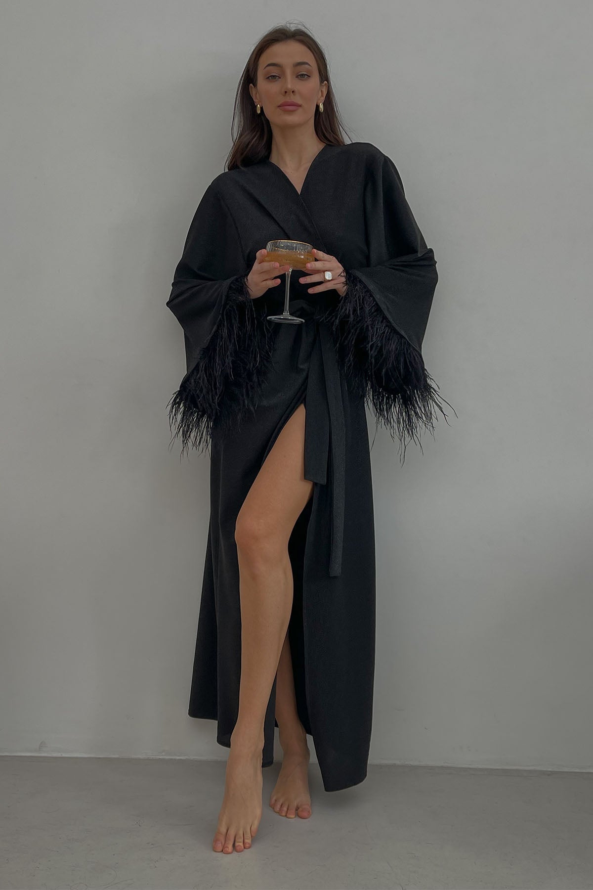 Aster black shiny kimono robe with feathers-2