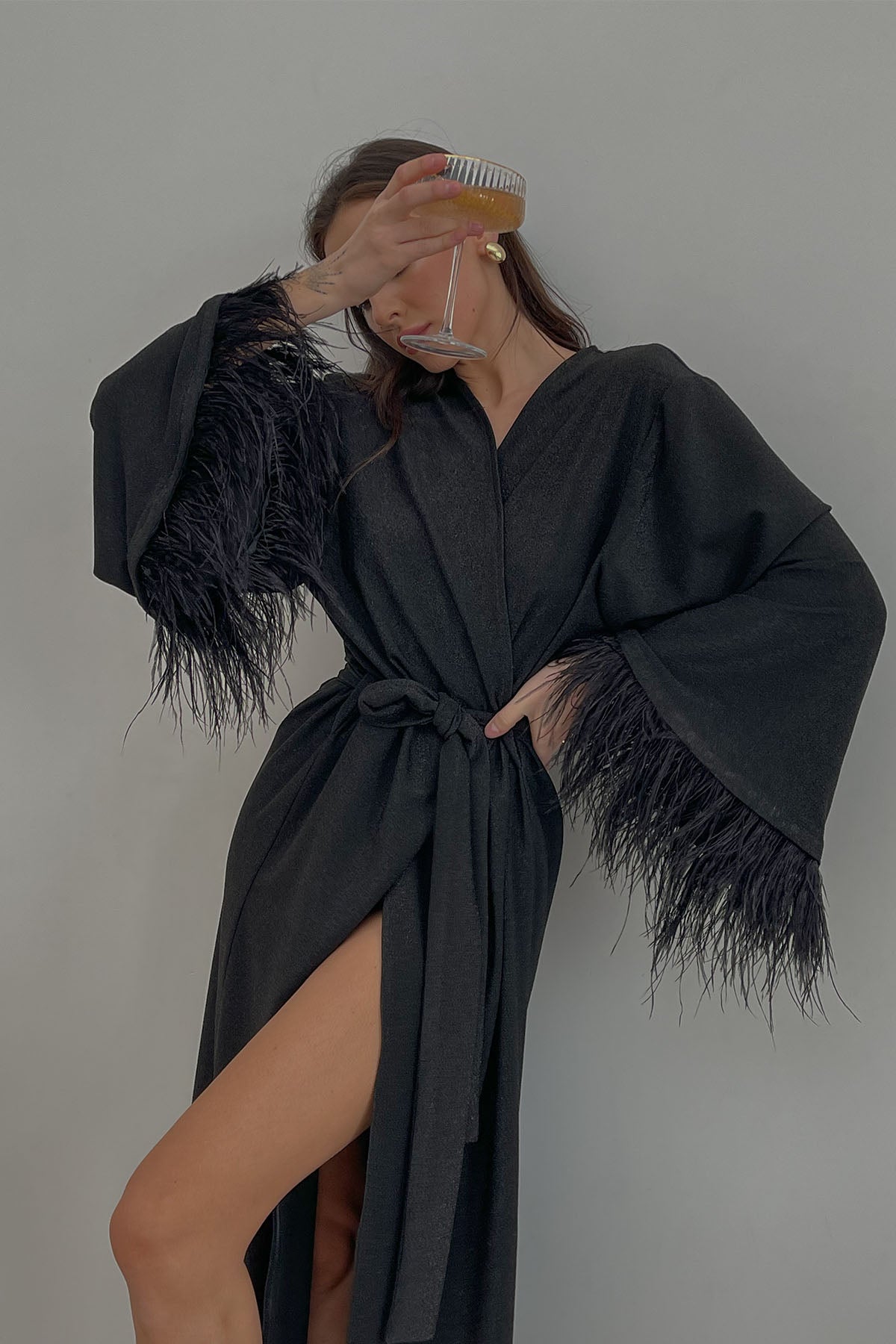 Aster black shiny kimono robe with feathers-4