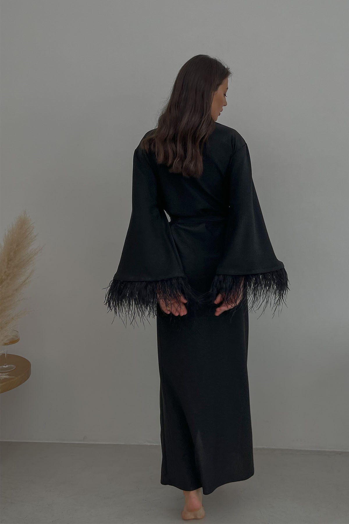 Aster black shiny kimono robe with feathers-3