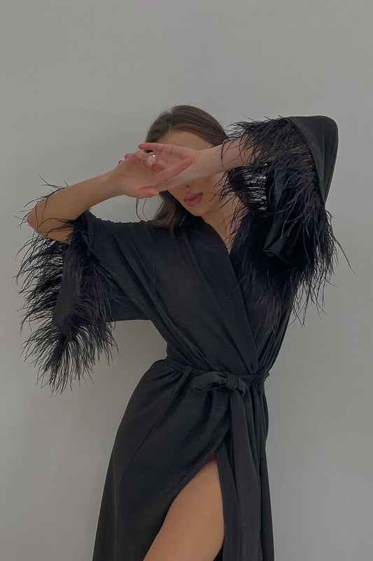 Aster black shiny kimono robe with feathers-0